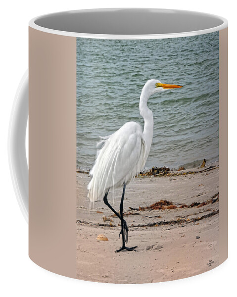 Egret Coffee Mug featuring the photograph White Egret on Beach by Peg Runyan