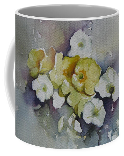 Primula Coffee Mug featuring the painting White flowers, yellow flowers... by Elena Oleniuc