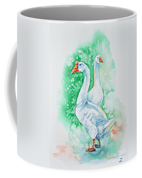 Geese Coffee Mug featuring the painting White Geese by Zaira Dzhaubaeva