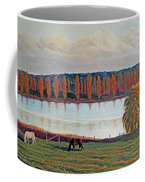 Horse Sunset Coffee Mug featuring the painting White Horse Black Horse by Laurie Stewart