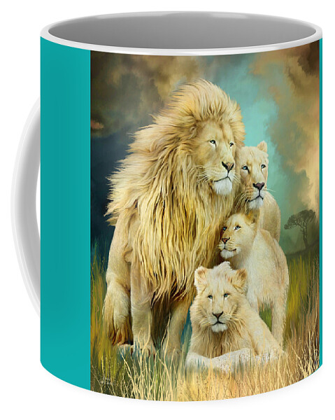 Carol Cavalaris Coffee Mug featuring the mixed media White Lion Family - Unity by Carol Cavalaris