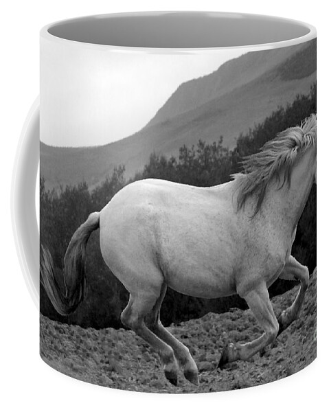 Rtf Ranch Coffee Mug featuring the photograph White Mare Gallops #1 - Close Up Black and White by Heather Kirk