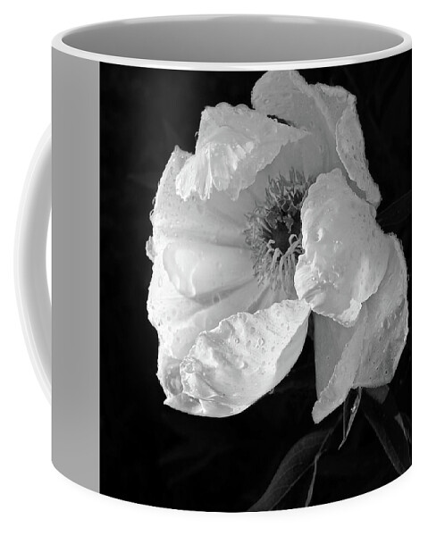 Black And White Flowers Coffee Mug featuring the photograph White Peony After the Rain in Black and White by Gill Billington