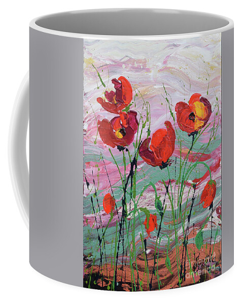 Wild Poppies - Triptych Coffee Mug featuring the painting Wild Poppies - 1 by Jyotika Shroff