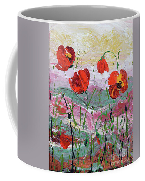 Wild Poppies - Triptych Coffee Mug featuring the painting Wild Poppies - 2 by Jyotika Shroff