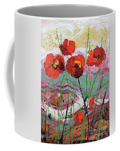 Wild Poppies - Triptych Coffee Mug featuring the painting Wild Poppies - 3 by Jyotika Shroff