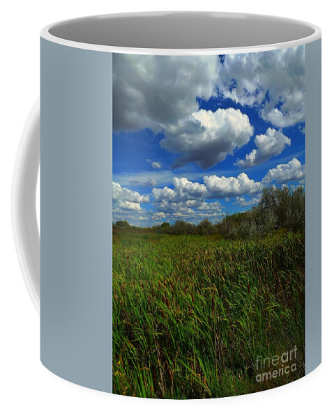 Nucla Mesa Coffee Mug featuring the digital art Wind in the cattails by Annie Gibbons