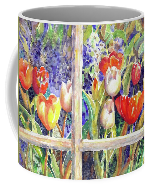 Watercolor Coffee Mug featuring the painting Window Box Tulips by Ann Nicholson