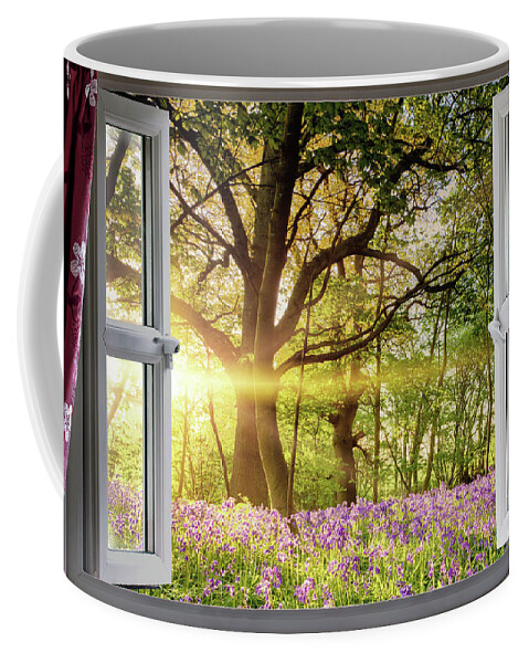 Window Coffee Mug featuring the photograph Window open onto bluebell forest sunrise by Simon Bratt