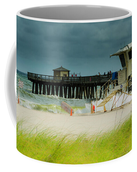 Lifeguard Station Coffee Mug featuring the photograph Windy day at the Pompano Pier by Wolfgang Stocker