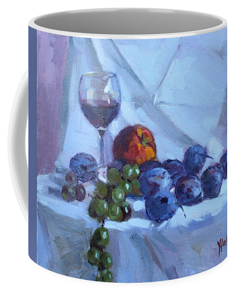 Wine Coffee Mug featuring the painting Wine and Fresh Fruits by Ylli Haruni