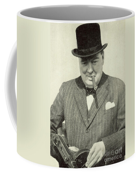 Churchill Coffee Mug featuring the photograph Winston Churchill with machine gun, cigar and hat, WW2 propaganda image by English School