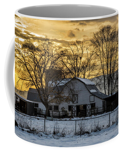 White Barn Coffee Mug featuring the photograph Winter Barn at Sunset - Provo - Utah by Gary Whitton