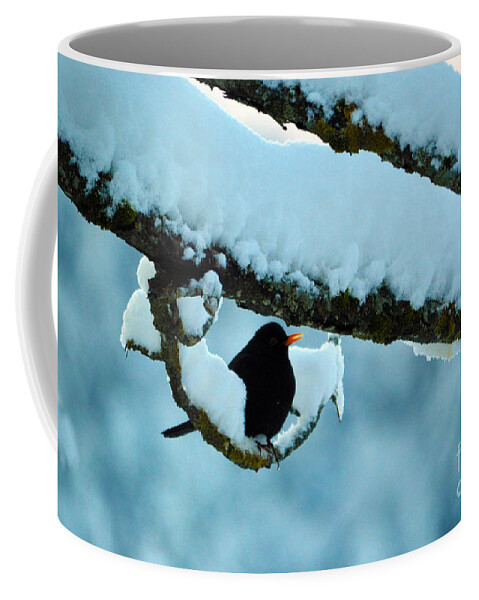Winter Bird In Snow Coffee Mug featuring the photograph Winter Bird in Snow - Winter in Switzerland by Susanne Van Hulst