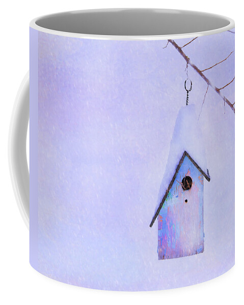 Birdhouse Coffee Mug featuring the photograph Winter Birdhouse by Theresa Tahara