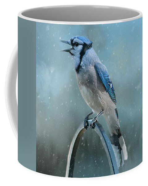 Blue Jay Coffee Mug featuring the photograph Winter Blue Jay Square by Cathy Kovarik