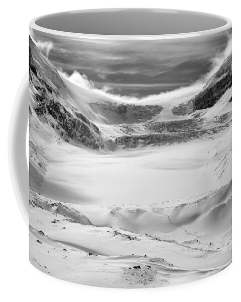 Columbia Icefield Coffee Mug featuring the photograph WInter Blues Over The Athabasca Glacier Black And White by Adam Jewell