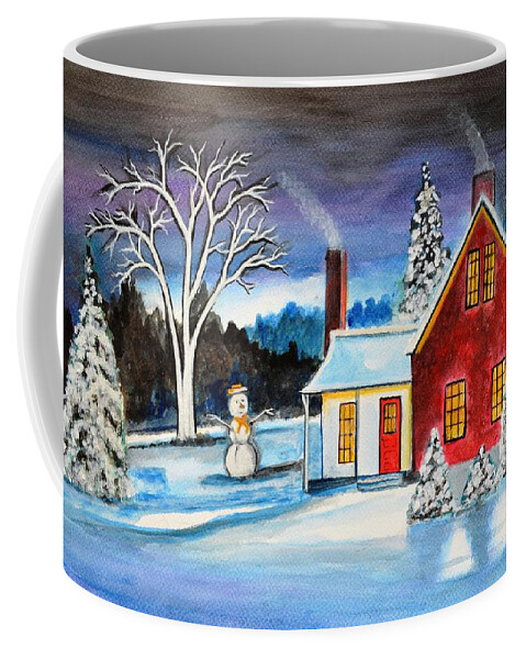 Snowman Coffee Mug featuring the painting Winter Cottage by Manjiri Kanvinde