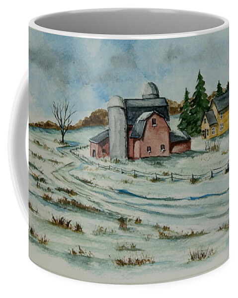Winter Scene Paintings Coffee Mug featuring the painting Winter Down On The Farm by Charlotte Blanchard