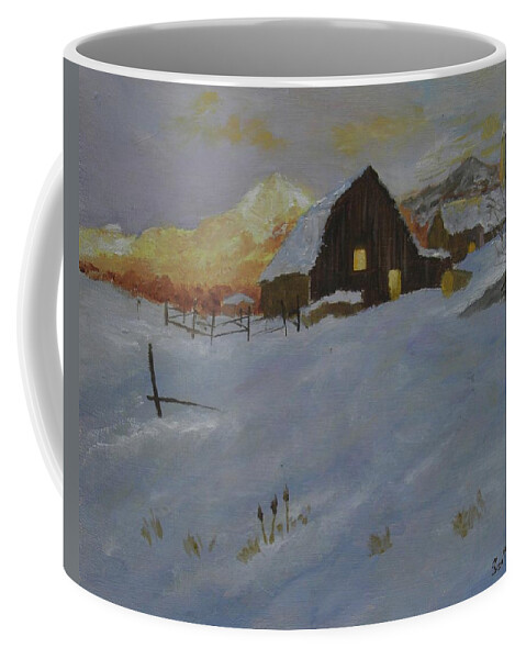 Landscape Snow Farm Mountain Sunset Dusk Coffee Mug featuring the painting Winter Dusk on the Farm by Scott W White