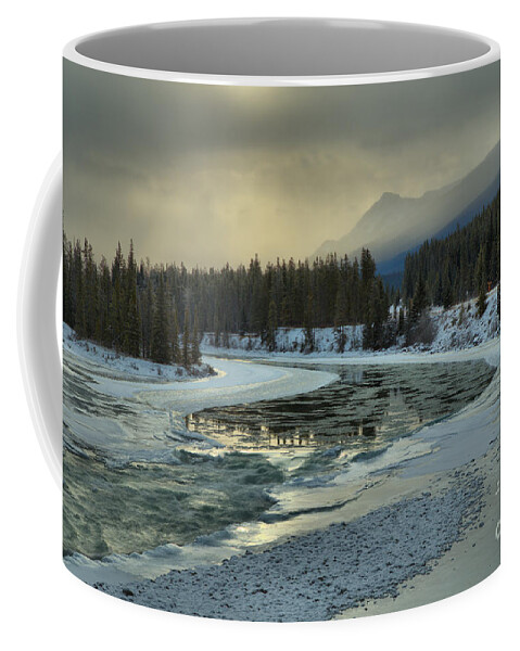 Jasper National Park Coffee Mug featuring the photograph Winter Golden Glow Over The Athabasca by Adam Jewell