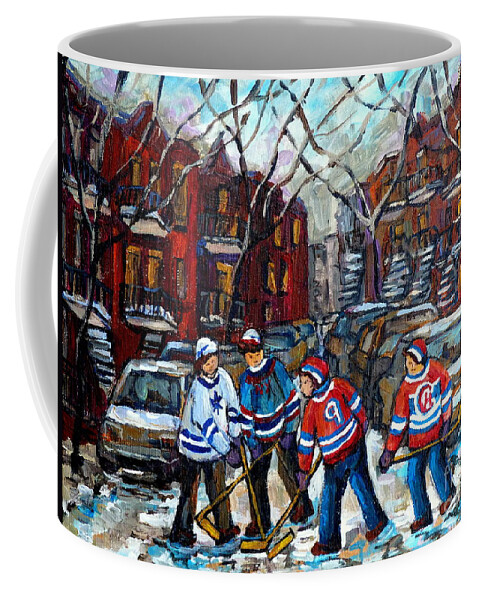 Montreal Coffee Mug featuring the painting Winter In The City Street Hockey Montreal Snowy Scene Urban Quebec Painting Carole Spandau Artist by Carole Spandau