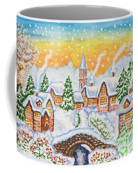 Winter Coffee Mug featuring the painting Winter landscape with bridge by Irina Afonskaya