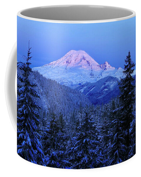 Winter Morning With Mount Rainier Coffee Mug featuring the photograph Winter morning with Mount Rainier by Lynn Hopwood