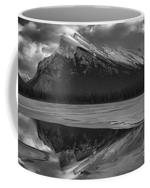 Vermilion Lakes Coffee Mug featuring the photograph Winter Rundle Refelctions Black And White by Adam Jewell