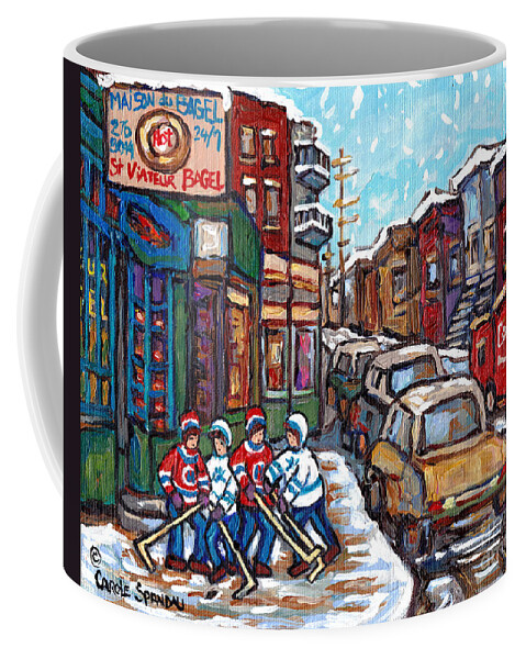 St.viateur Bagel Coffee Mug featuring the painting Winter Street Hockey Game Bagel Shop Coca Cola Truck Rue St Viateur Montreal Carole Spandau     by Carole Spandau