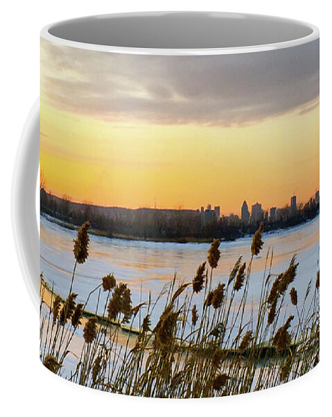 Winter Coffee Mug featuring the photograph Winter Sunset by the River and City Skyline by Cristina Stefan