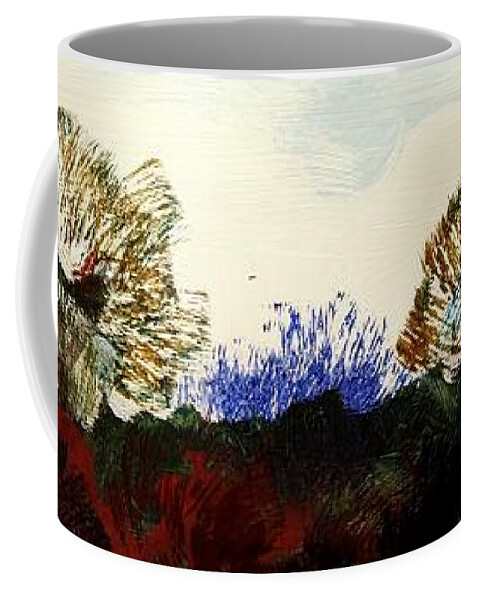 Winter Coffee Mug featuring the painting Winter trees silhouetted against mist panorama by Mike Jory