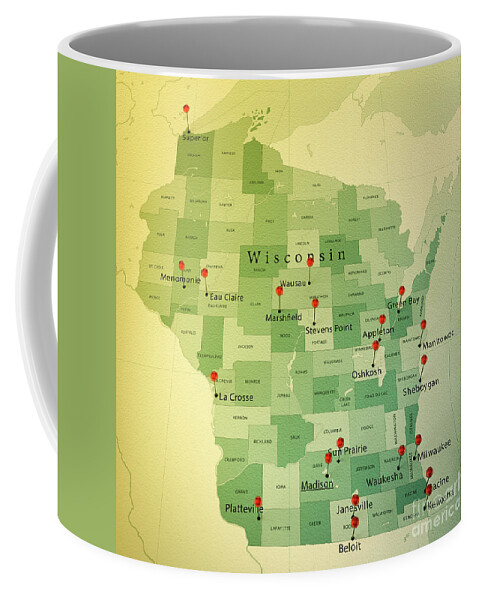 Cartography Coffee Mug featuring the digital art Wisconsin Map Square Cities Straight Pin Vintage by Frank Ramspott