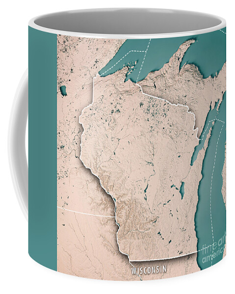 Wisconsin Coffee Mug featuring the digital art Wisconsin State USA 3D Render Topographic Map Neutral Border by Frank Ramspott