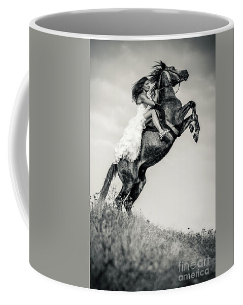 Horse Coffee Mug featuring the photograph Woman in dress riding chestnut black rearing stallion by Dimitar Hristov