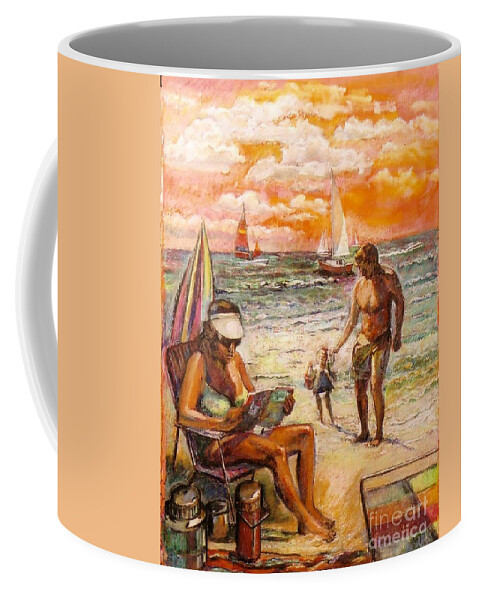 Beach Scene Coffee Mug featuring the painting Woman Reading On The Beach by Stan Esson