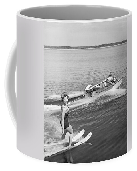 1950s Coffee Mug featuring the photograph Woman Water Skiing by Underwood Archives