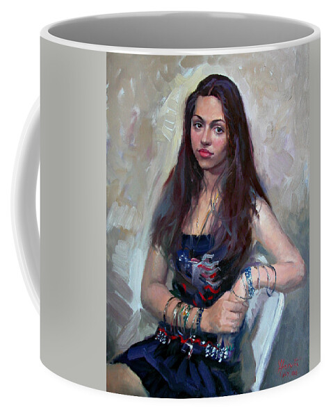 Portrait Coffee Mug featuring the painting Wondering by Ylli Haruni