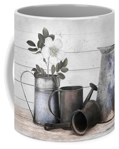 Watering Cans Coffee Mug featuring the photograph Wood and Patina by Robin-Lee Vieira