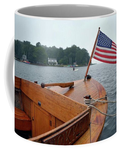 Classic Boat Coffee Mug featuring the photograph Wooden Boat and Pentwater Channel by Michelle Calkins