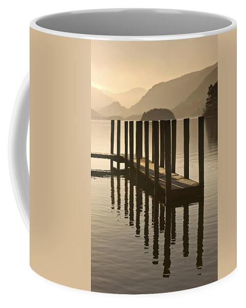 Calm Coffee Mug featuring the photograph Wooden Dock In The Lake At Sunset by John Short