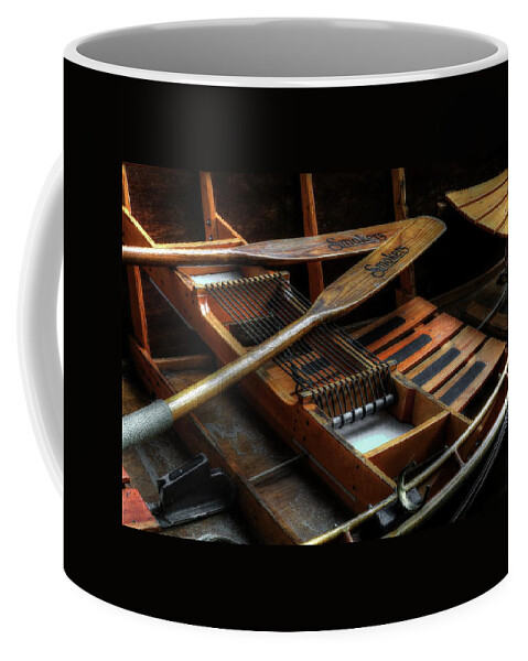 Wooden Rowboat Coffee Mug featuring the photograph Wooden Rowboat And Oars by Carol Montoya