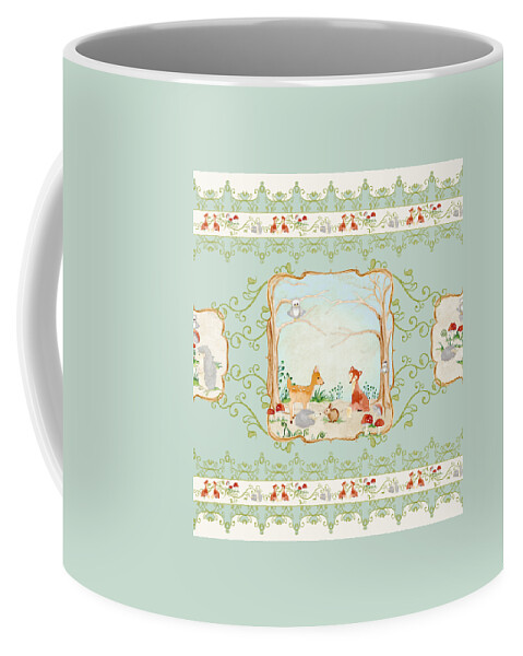 Wood Coffee Mug featuring the painting Woodland Fairy Tale - Aqua Blue Forest Gathering of Woodland Animals by Audrey Jeanne Roberts