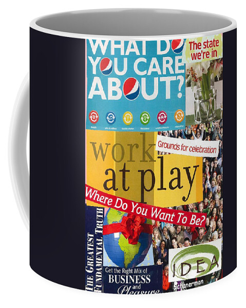 Collage Art Coffee Mug featuring the mixed media Work at Play by Susan Schanerman
