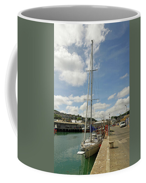 Britain Coffee Mug featuring the photograph Yacht and Boats Alongside Newlyn Pier by Rod Johnson