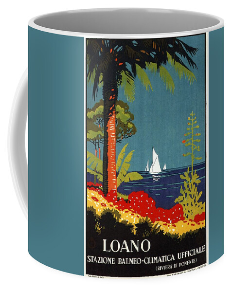 Loano Coffee Mug featuring the painting Yachts on the sea in beautiful Loano, Liguria - Italy - Vintage Travel Poster by Studio Grafiikka