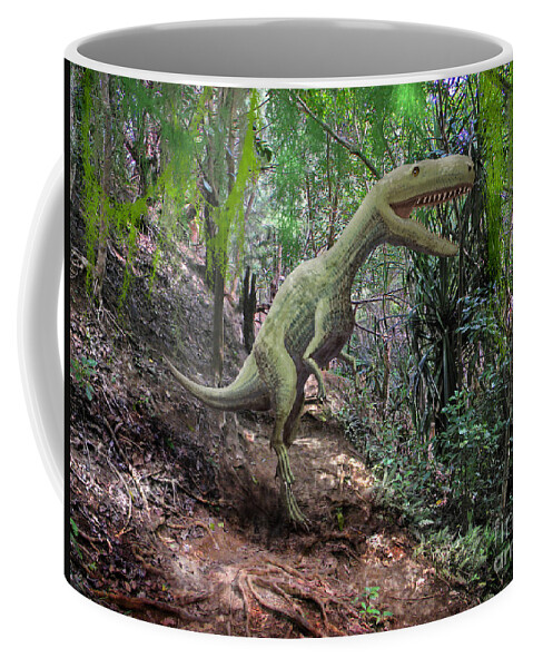 Dinosaur Art Coffee Mug featuring the mixed media Yangchuanosaurus In Jungle by Frank Wilson