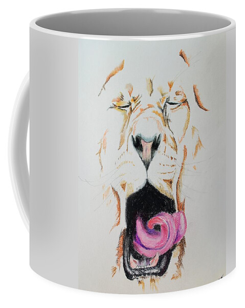 Yawning Coffee Mug featuring the pastel Yawning lion by Teresa Smith