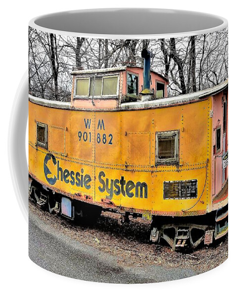 Caboose Coffee Mug featuring the photograph Yellow Chessie Caboose by Jim Harris