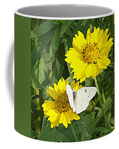 Flowers Coffee Mug featuring the mixed media Yellow Cow Pen Daisies with White Butterfly by Shelli Fitzpatrick